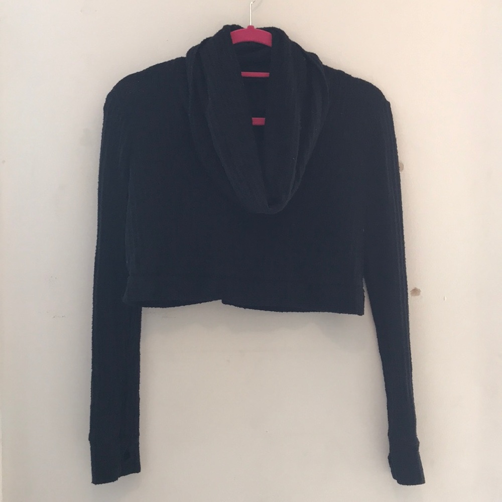 Cropped blue life black waffle cowl neck top